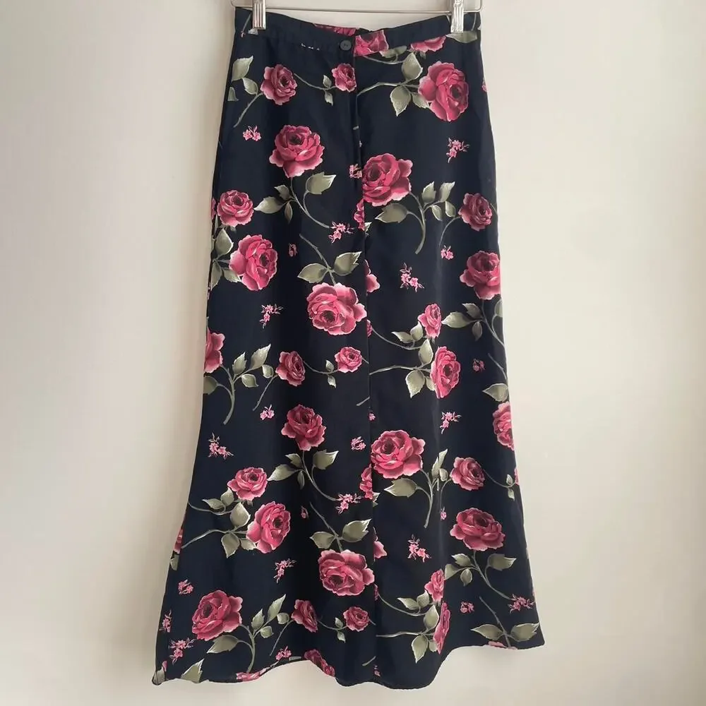 Vintage Maxi / Midi Skirt Size 7 Black Floral Roses Y2K 90s - Picture 2 of 4